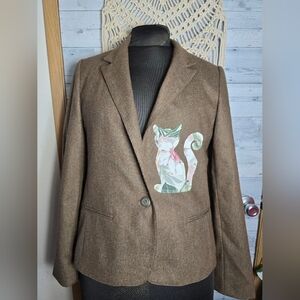 Vtg 80's John Meyer Brown Tweed Blazer Jacket with Floral Embroidered Cat Detail